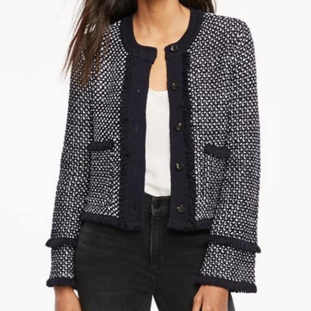 Ann Taylor Navy Tweed Knit Heavy Ruffle Button Down Blazor Sweater Jacket - Picture 9 of 10